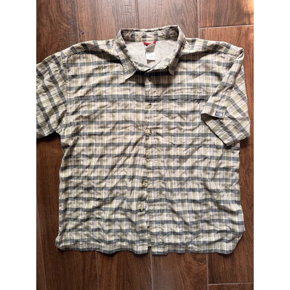 The North Face Mens XL Short Sleeve Plaid Hiking Shirt Green Grey‎ Button Up
